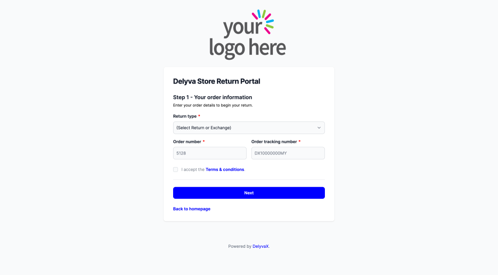 DelyvaNow Branded Return Page